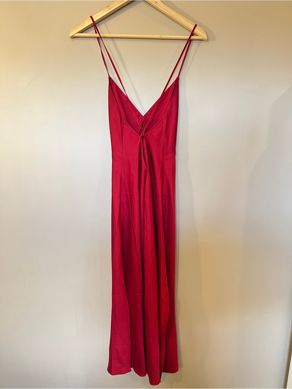 La Vie en Rose Red Satin Slip Midi Dress Size S Sexy Strappy Back - Picture 4 of 6